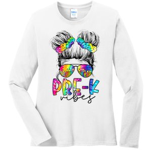 Pre K Vibes Messy Bun Back To School First Day Tie Dye Ladies Long Sleeve Shirt