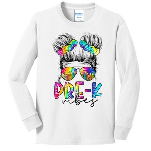 Pre K Vibes Messy Bun Back To School First Day Tie Dye Kids Long Sleeve Shirt