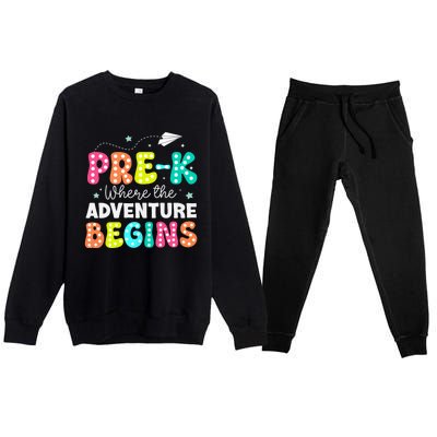 Pre K Where The Adventure Begins Back To School Teacher Premium Crewneck Sweatsuit Set