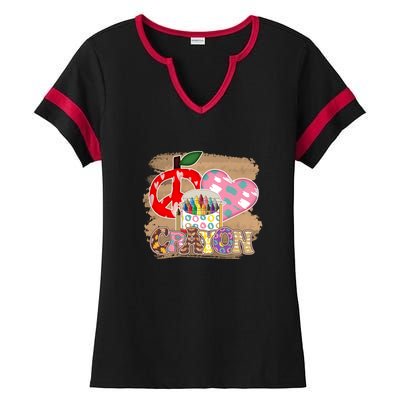 Peace Love Crayon 100 Days Of School Gift For Kids Ladies Halftime Notch Neck Tee