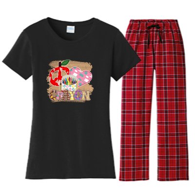 Peace Love Crayon 100 Days Of School Gift For Kids Women's Flannel Pajama Set