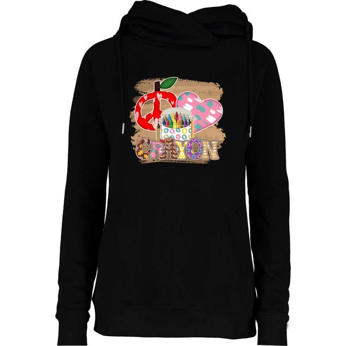 Peace Love Crayon 100 Days Of School Gift For Kids Womens Funnel Neck Pullover Hood