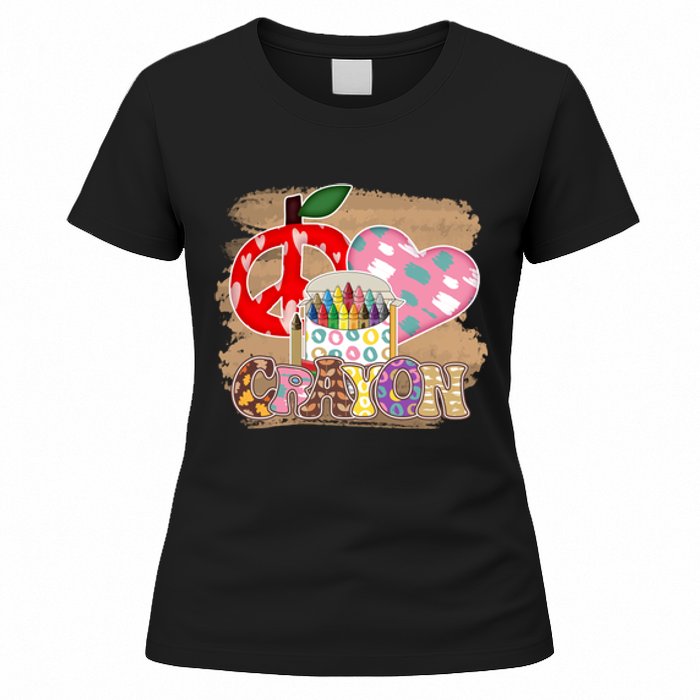 Peace Love Crayon 100 Days Of School Gift For Kids Women's T-Shirt