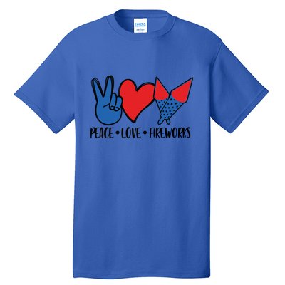 Peace Love 4th Of July Firework Heart Flag American Tall T-Shirt