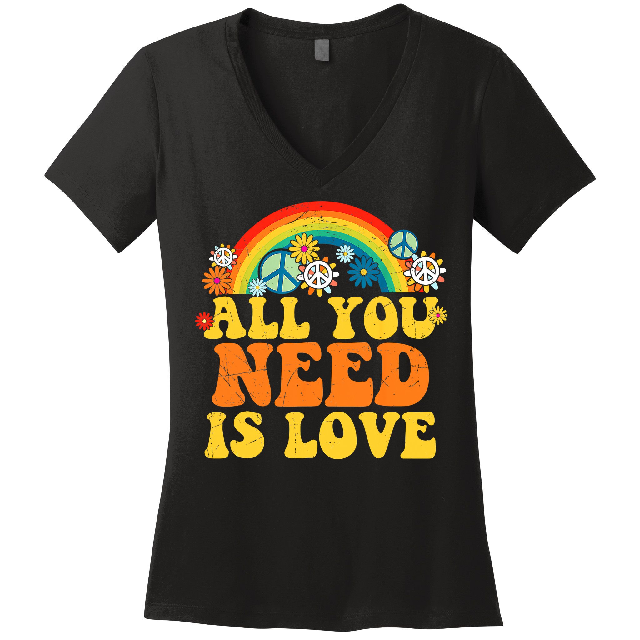 PEACE LOVE 60s 70s Tie Dye Groovy Hippie Costume Women's V-Neck T-Shirt