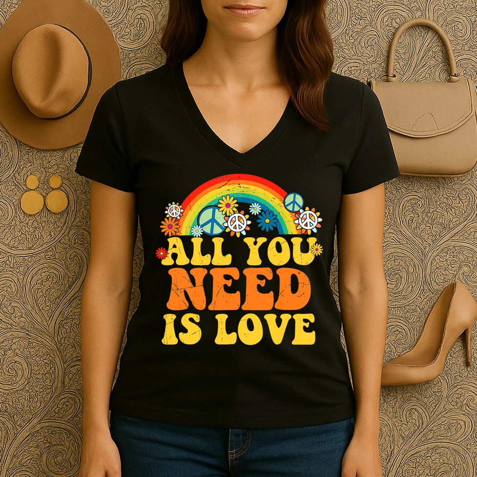 PEACE LOVE 60s 70s Tie Dye Groovy Hippie Costume Women's V-Neck T-Shirt