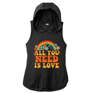 PEACE LOVE 60s 70s Tie Dye Groovy Hippie Costume Halloween Ladies PosiCharge Tri-Blend Wicking Draft Hoodie Tank