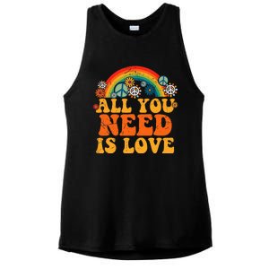 PEACE LOVE 60s 70s Tie Dye Groovy Hippie Costume Halloween Ladies PosiCharge Tri-Blend Wicking Tank