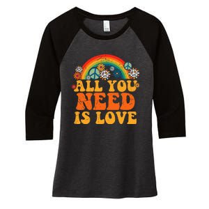 PEACE LOVE 60s 70s Tie Dye Groovy Hippie Costume Halloween Women's Tri-Blend 3/4-Sleeve Raglan Shirt