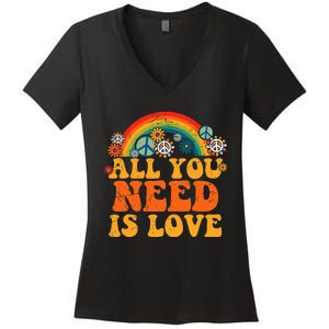 PEACE LOVE 60s 70s Tie Dye Groovy Hippie Costume Halloween Women's V-Neck T-Shirt