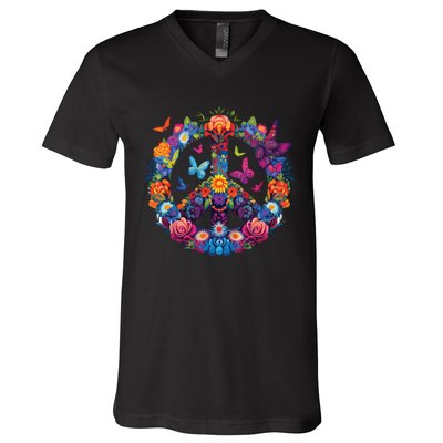 Peace Love 60s 70s Groovy Costume Colorful Flowers V-Neck T-Shirt