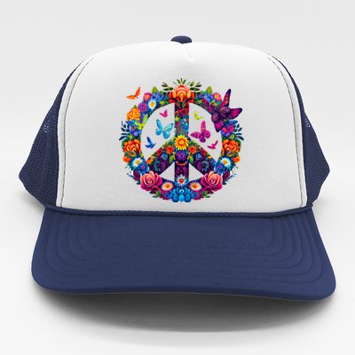 Peace Love 60S 70S Groovy Costume Colorful Flowers Trucker Hat