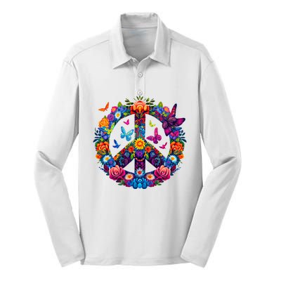 Peace Love 60S 70S Groovy Costume Colorful Flowers Silk Touch Performance Long Sleeve Polo