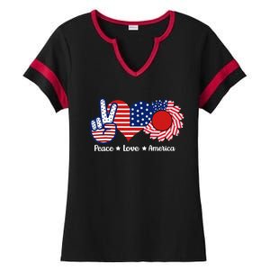 Peace Love America US Flag Fourth Wo 4th Of July Ladies Halftime Notch Neck Tee