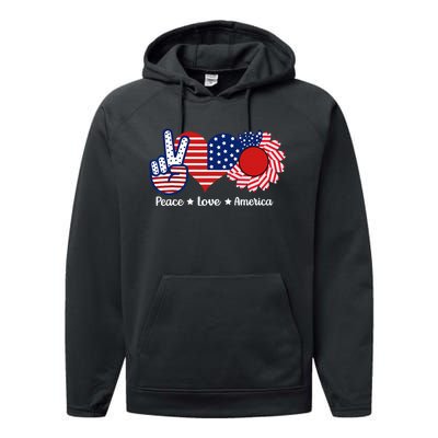 Peace Love America US Flag Fourth Wo 4th Of July Performance Fleece Hoodie