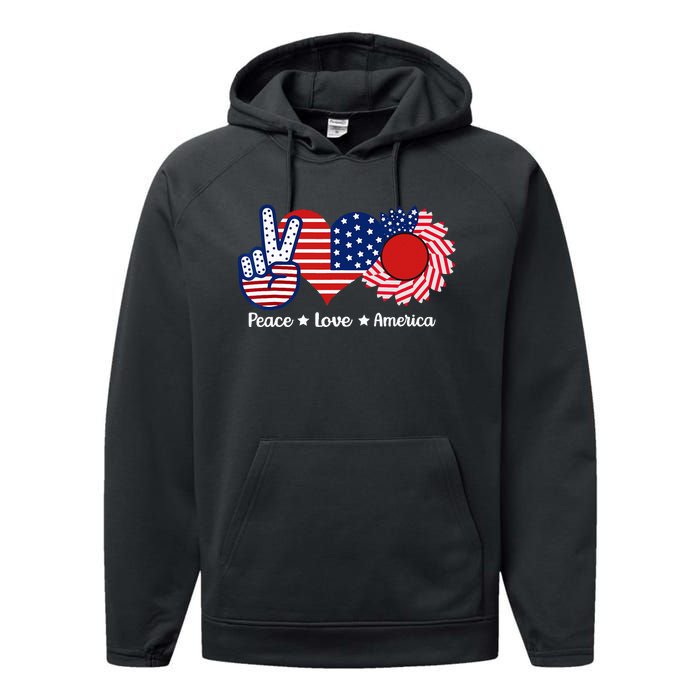 Peace Love America US Flag Fourth Wo 4th Of July Performance Fleece Hoodie