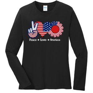 Peace Love America US Flag Fourth Wo 4th Of July Ladies Long Sleeve Shirt