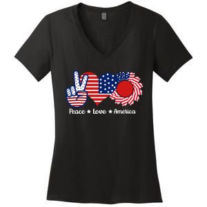 Peace Love America US Flag Fourth Wo 4th Of July Women's V-Neck T-Shirt