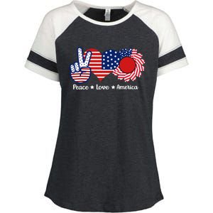 Peace Love America US Flag Fourth Wo 4th Of July Enza Ladies Jersey Colorblock Tee