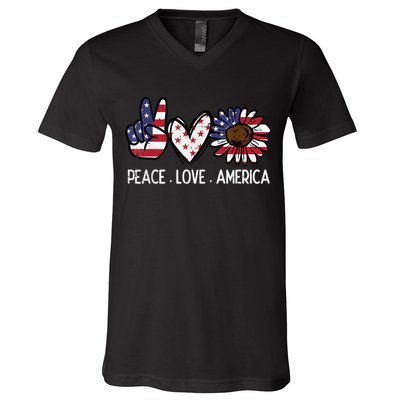 Peace Love America US Flag Fourth Womens 4th Of July Patriot V-Neck T-Shirt