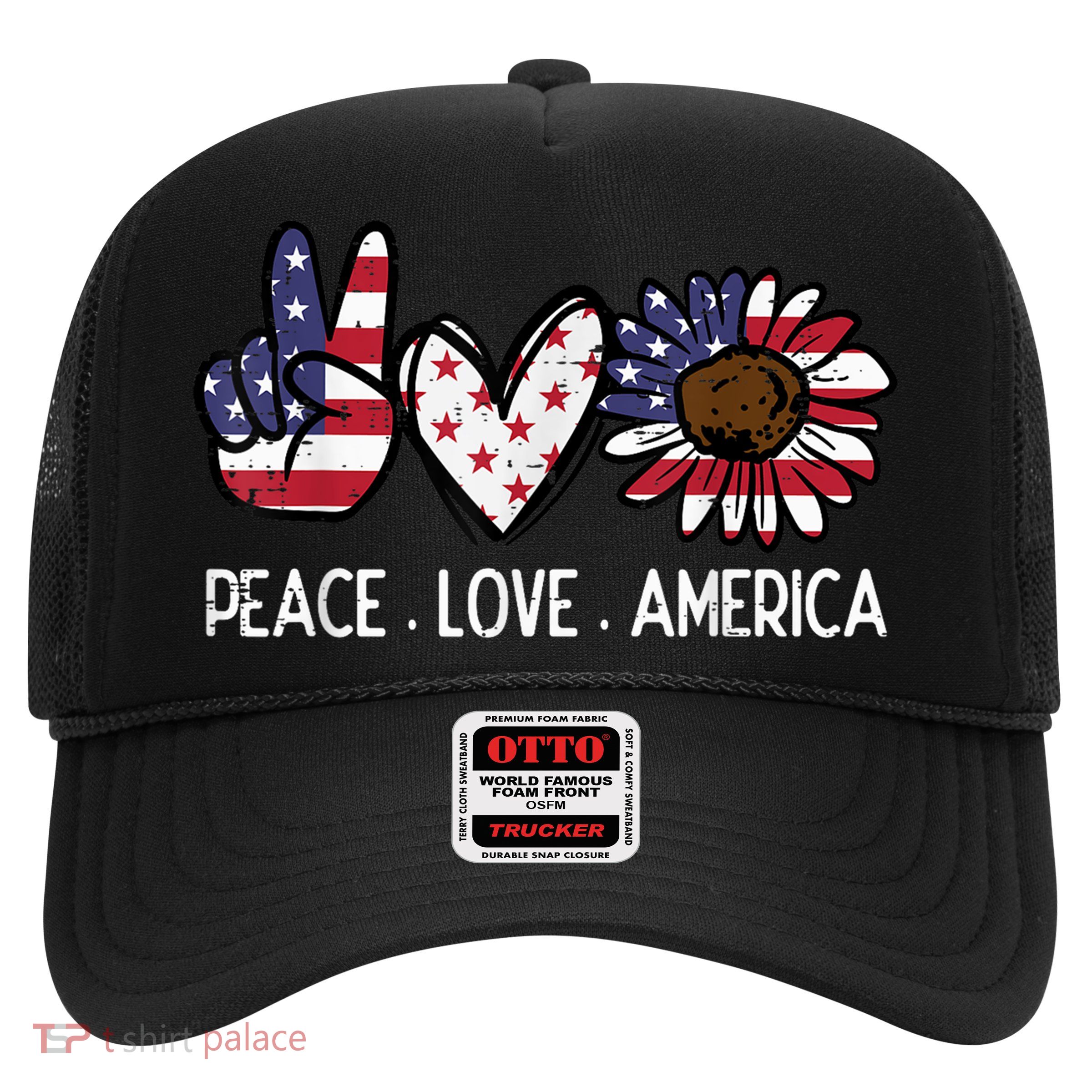 Peace Love America US Flag Fourth Womens 4th Of July Patriot Trucker Hat