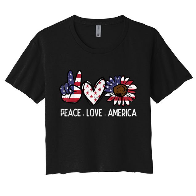 Peace Love America US Flag Fourth Womens 4th Of July Patriot Crop Top