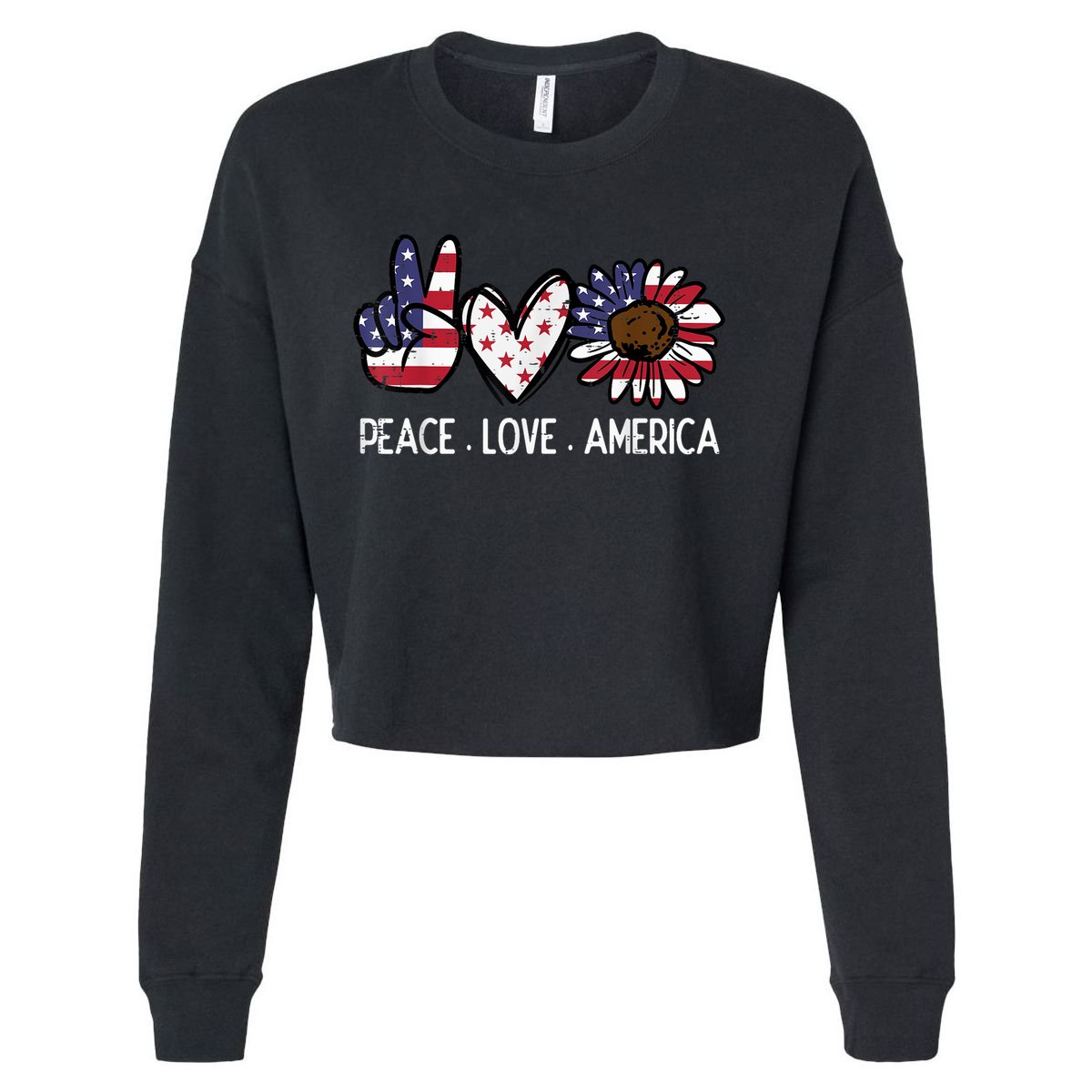 Peace Love America US Flag Fourth Womens 4th Of July Patriot Cropped Pullover Crew