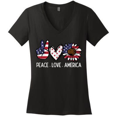 Peace Love America US Flag Fourth Womens 4th Of July Patriot Women's V-Neck T-Shirt