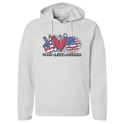 Peace Love America US Flag Groovy Freedom Day 4th Of July Performance Fleece Hoodie