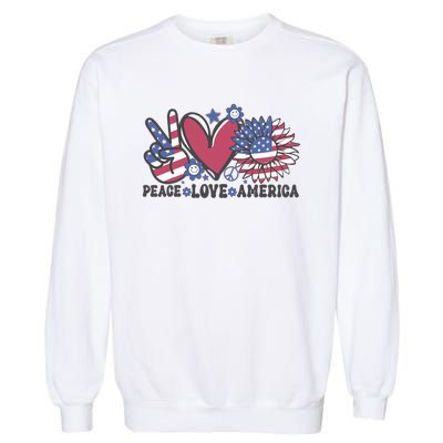 Peace Love America US Flag Groovy Freedom Day 4th Of July Garment-Dyed Sweatshirt