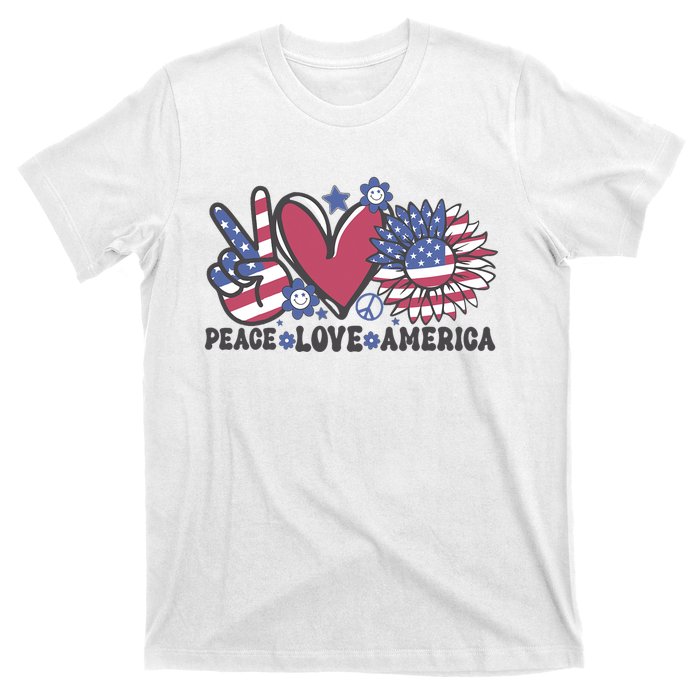 Peace Love America US Flag Groovy Freedom Day 4th Of July T-Shirt