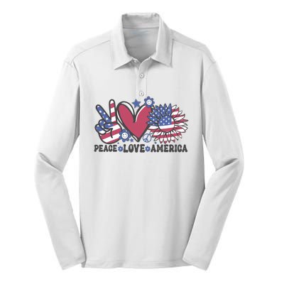 Peace Love America US Flag Groovy Freedom Day 4th Of July Silk Touch Performance Long Sleeve Polo