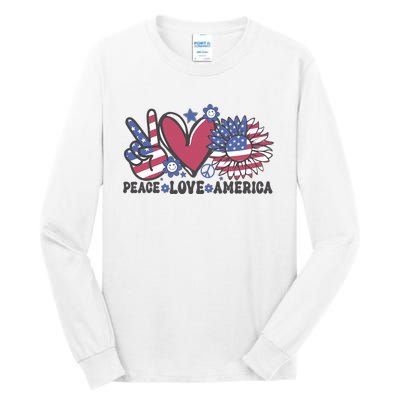 Peace Love America US Flag Groovy Freedom Day 4th Of July Tall Long Sleeve T-Shirt