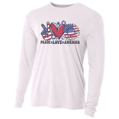 Peace Love America US Flag Groovy Freedom Day 4th Of July Cooling Performance Long Sleeve Crew