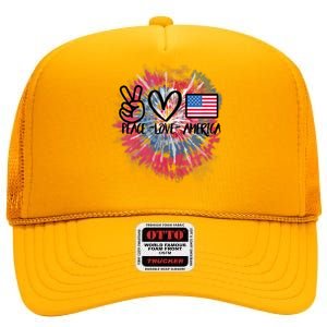 Peace Love America Tie Dye 4th Of July Girl US Flag High Crown Mesh Back Trucker Hat