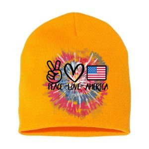 Peace Love America Tie Dye 4th Of July Girl US Flag Short Acrylic Beanie