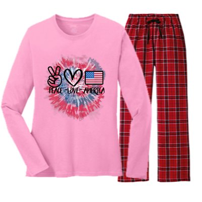 Peace Love America Tie Dye 4th Of July Girl US Flag Women's Long Sleeve Flannel Pajama Set 