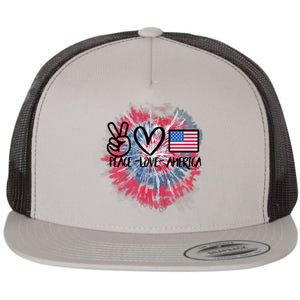 Peace Love America Tie Dye 4th Of July Girl US Flag Flat Bill Trucker Hat