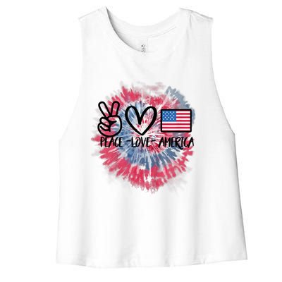 Peace Love America Tie Dye 4th Of July Girl US Flag Women's Racerback Cropped Tank