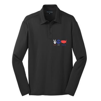 Peace Love America 4th Of July Costume Hippie Patriotic Gift Silk Touch Performance Long Sleeve Polo