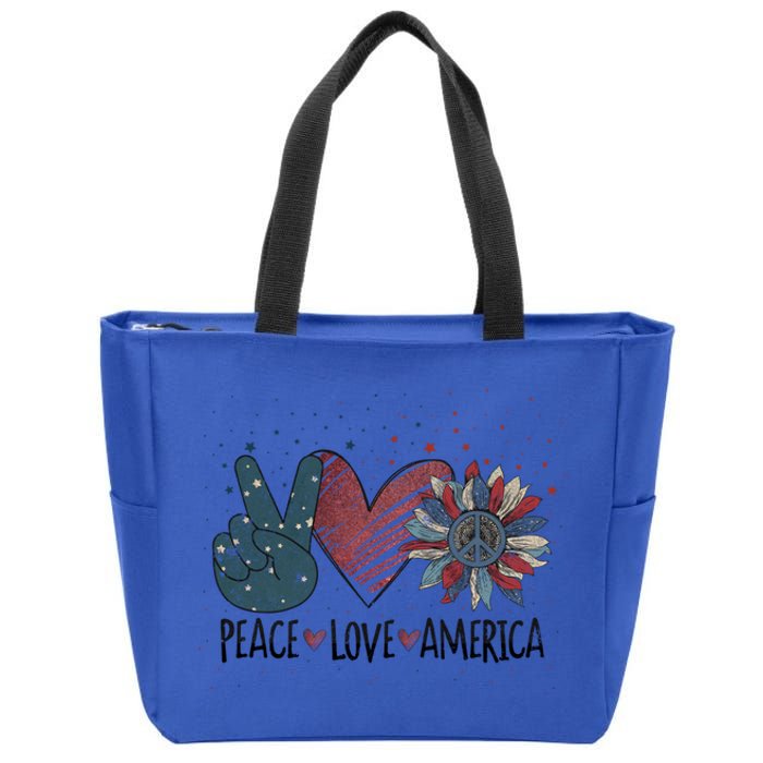 Peace Love America Sunflower Patriotic With Stars 4th July Great Gift Zip Tote Bag