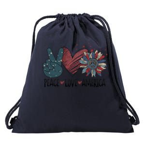 Peace Love America Sunflower Patriotic With Stars 4th July Great Gift Drawstring Bag