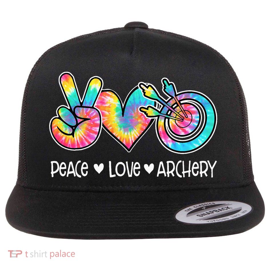 Peace Love Archery Heart Tie Dye Flat Bill Trucker Hat