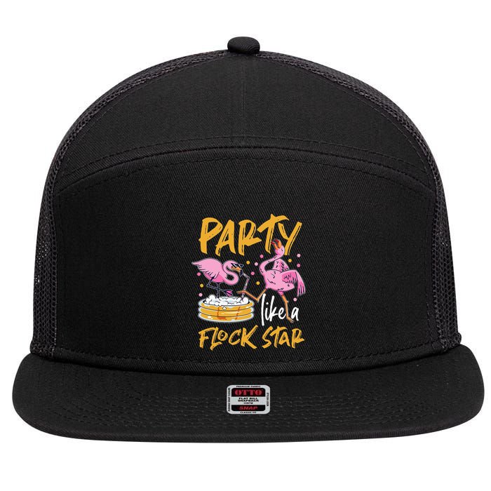 Party Like A Flock Star Flamingos In Kiddie Pool 7 Panel Mesh Trucker Snapback Hat
