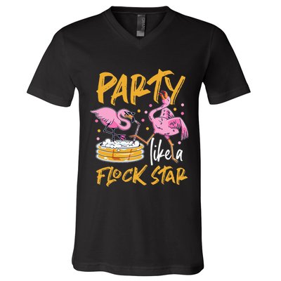 Party Like A Flock Star Flamingos In Kiddie Pool V-Neck T-Shirt
