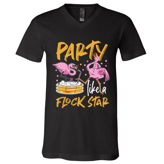 Party Like A Flock Star Flamingos In Kiddie Pool V-Neck T-Shirt