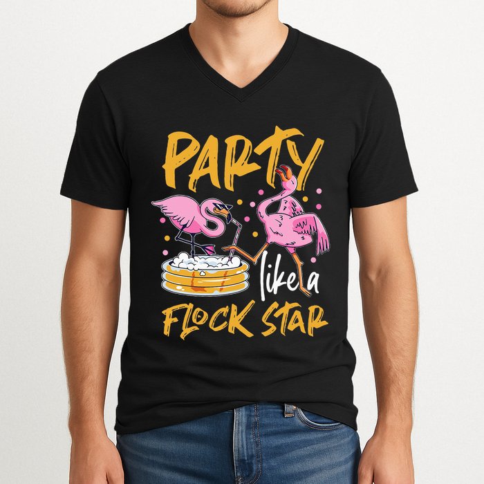 Party Like A Flock Star Flamingos In Kiddie Pool V-Neck T-Shirt