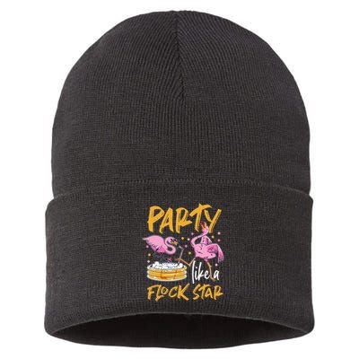 Party Like A Flock Star Flamingos In Kiddie Pool Sustainable Knit Beanie