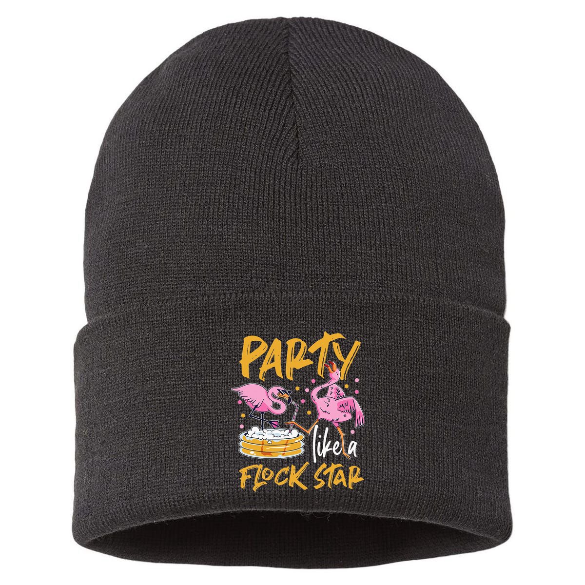 Party Like A Flock Star Flamingos In Kiddie Pool Sustainable Knit Beanie