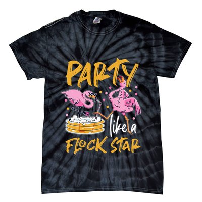 Party Like A Flock Star Flamingos In Kiddie Pool Tie-Dye T-Shirt